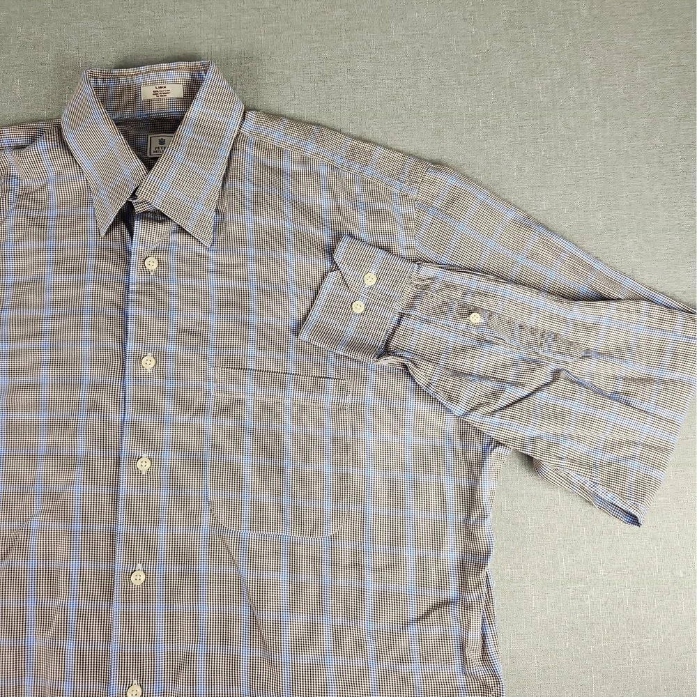 Peter Millar Mens Large Luxury Cotton Button Long Slv Shirt Blue Brown Gingham